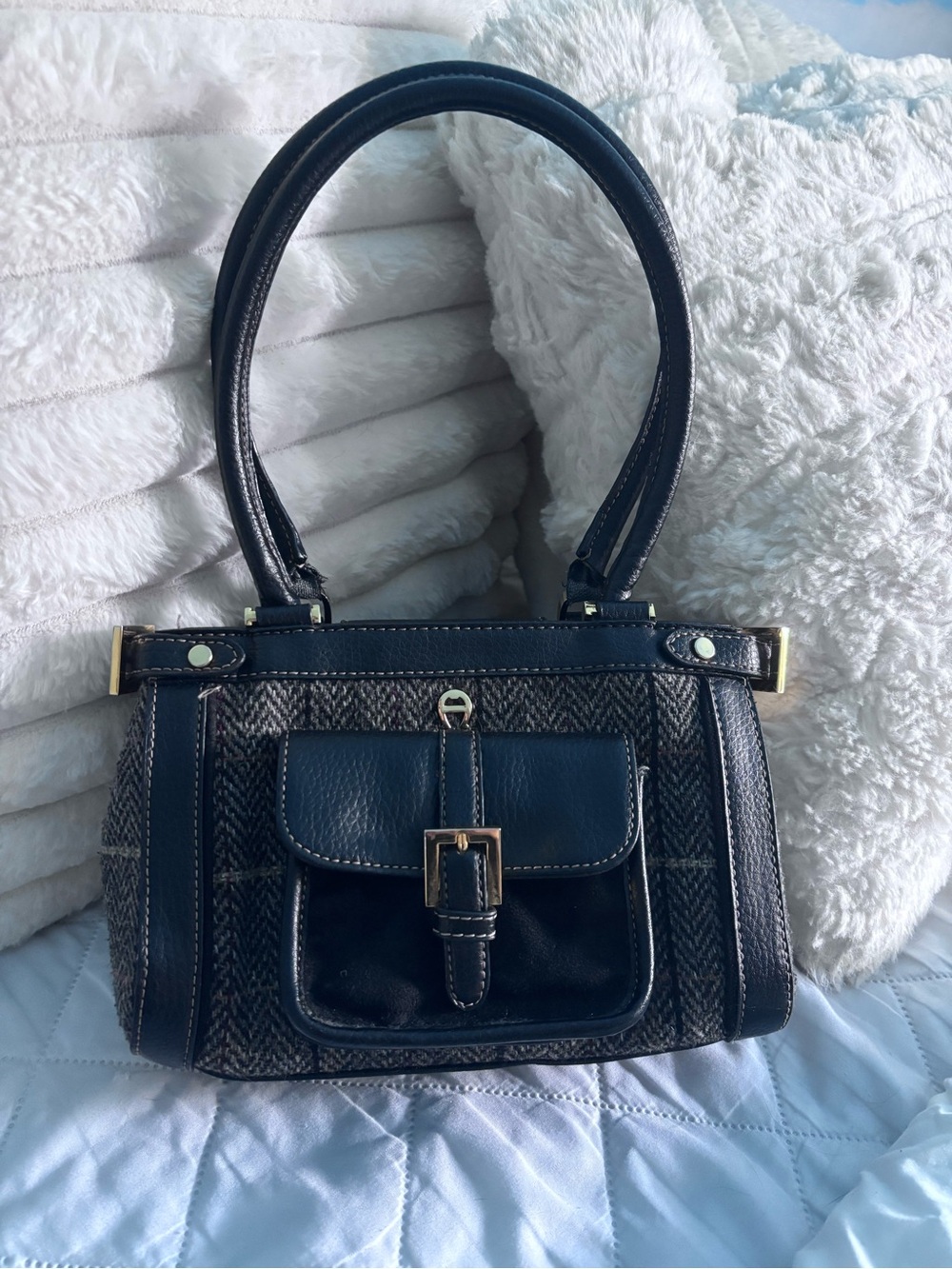 Eitienne Aigner vintage bag- Navy Tweed and Leather Satchel